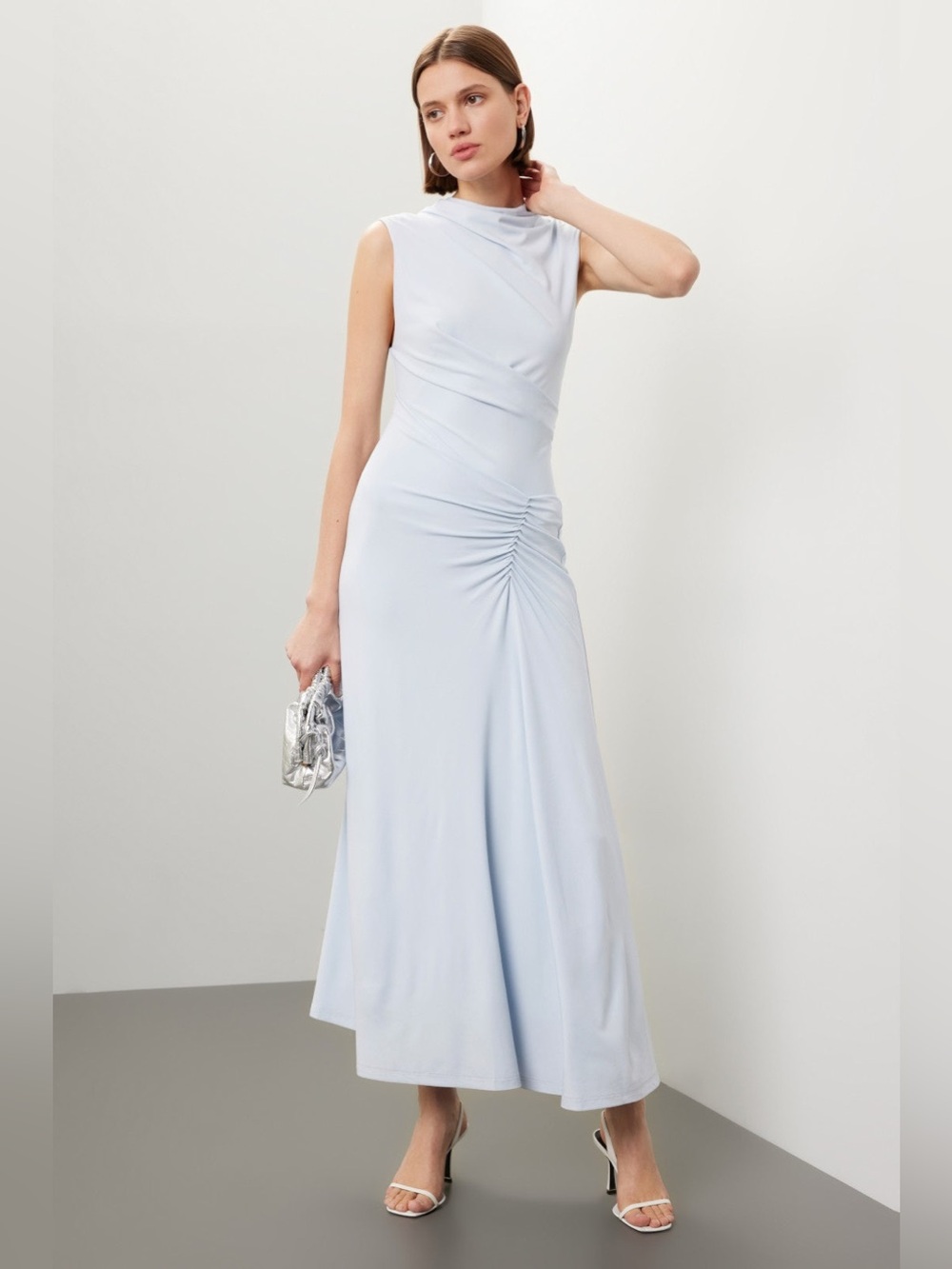 Sleeveless Light Blue Maxi Dress with Ruched Waist